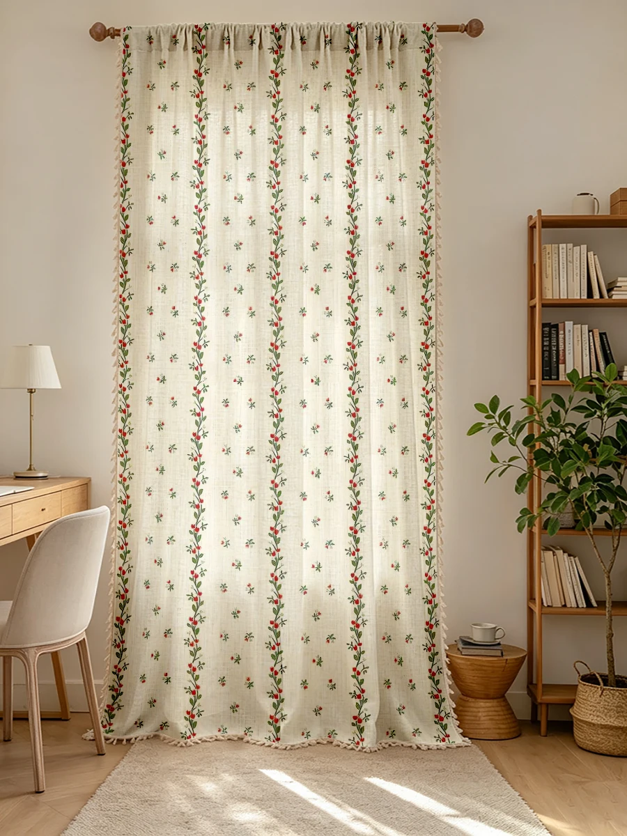 1PC Christmas Winter Tassel Sheer Curtains, Red Berry, Digital Print, Linen Polyester, Bedroom Living Room, Home Decor