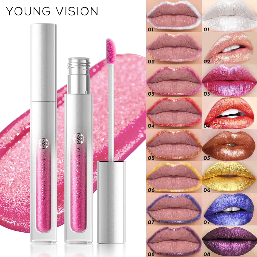 YOUNG VISION 8-Farben-Metallic-Lipgloss, matt, flüssig, wasserfest, übertragungsbeständig, langanhaltende Glanzkosmetik