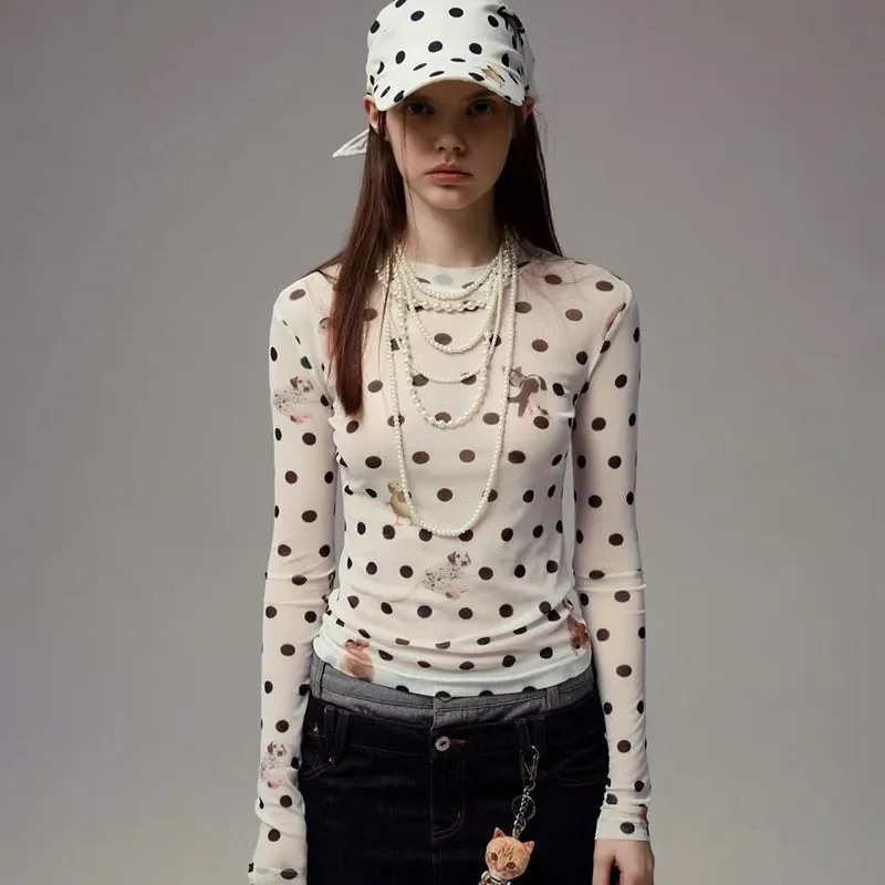 Women's Sheer Long Sleeve Top Polka Dot & Cute Animal Print Mock Neck Slim Fit Mesh Layering Top Fall Fashion