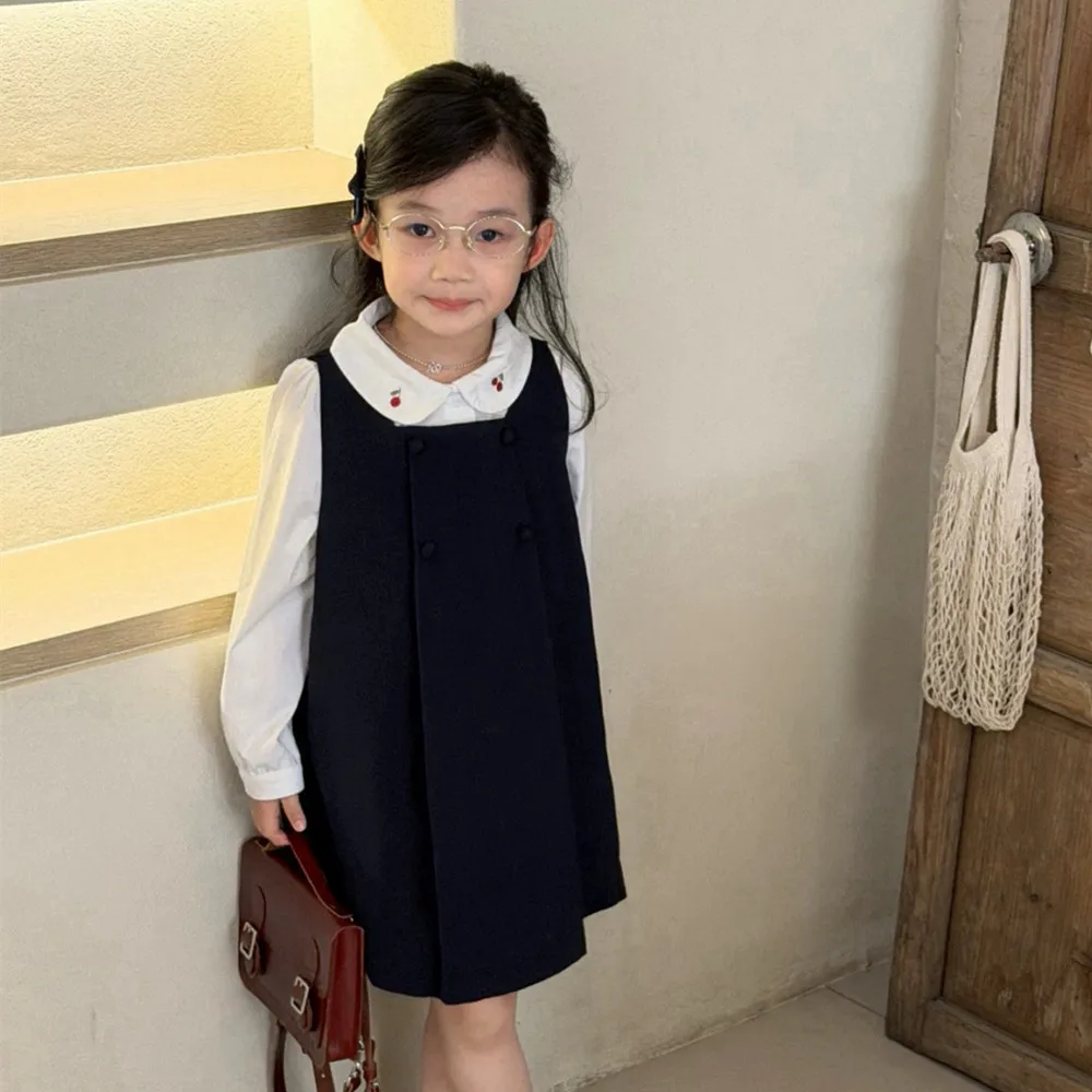 Autumn baby girl clothes kids 2pcs dress girls fall dresses College style girls' two-piece dress set White shirt+vest dress
