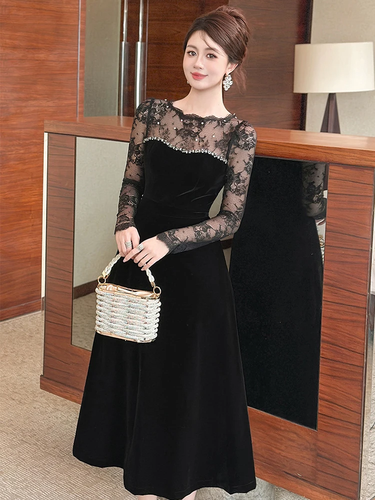 Frauen Französisch Elegante Abend Party Kleider Exquisite Sheer Spitze Schwarz Diamanten Tasche Schaukel Robe Weibliche Party Bankett Vestidos