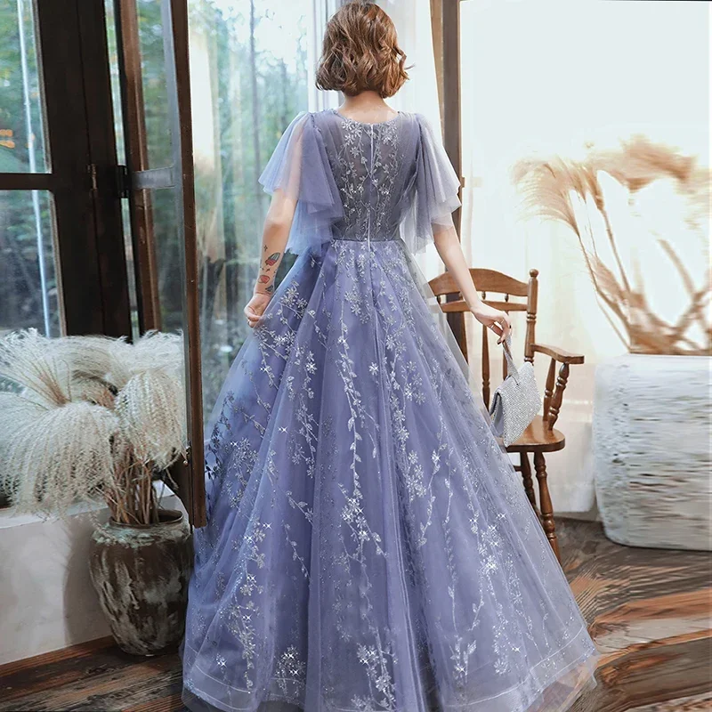 Vestidos de Noche de tul con lentejuelas y cuello redondo para mujer, manga corta, línea A plisada, longitud hasta el suelo, talla grande, vestido Formal de fiesta, azul, A105