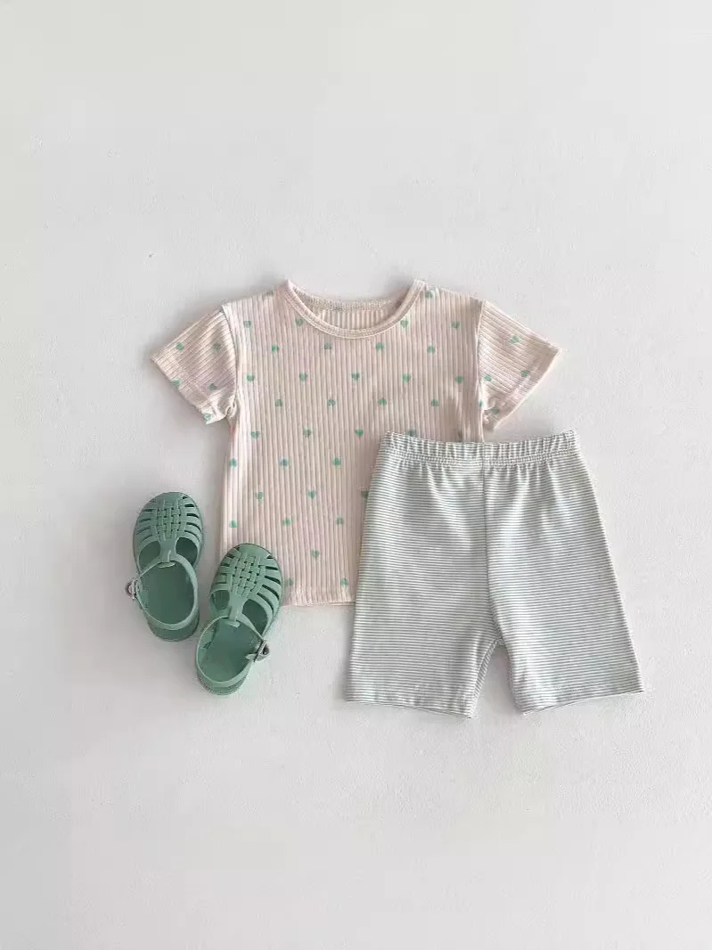 2024 Summer New Baby Short Sleeve Clothes Set Infant Heart Print Tops + Striped Shorts 2pcs Suit Toddler Boy Girl Casual Outfits