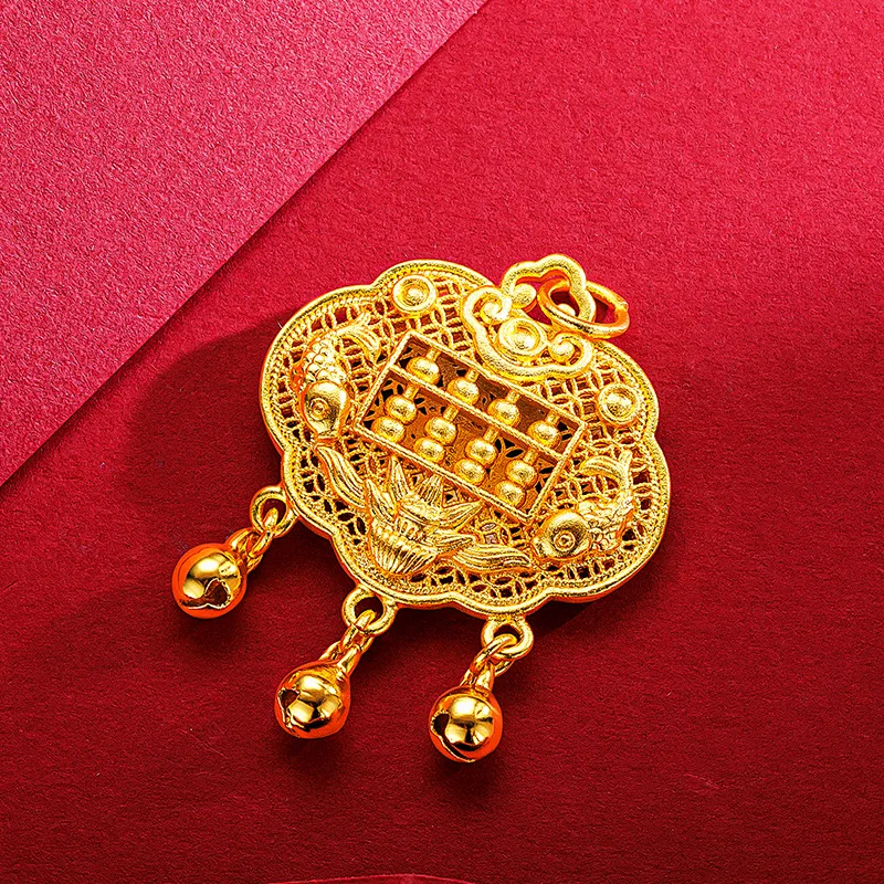 9999 24K Real Gold Antique Longevity Lock Bell Safety Lock Pendant Retro Charm for Wealth Abacus Woven Rope Necklace Baby Child