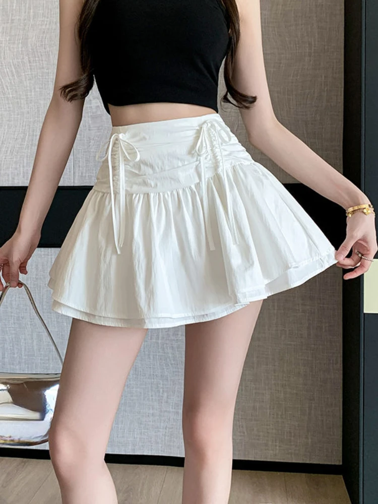 

Fashion All Match Skirts Solid Color Bow Draw String Ruffles Patchwork High Waist Mini Skirt Summer Female Slim Women's Clothing