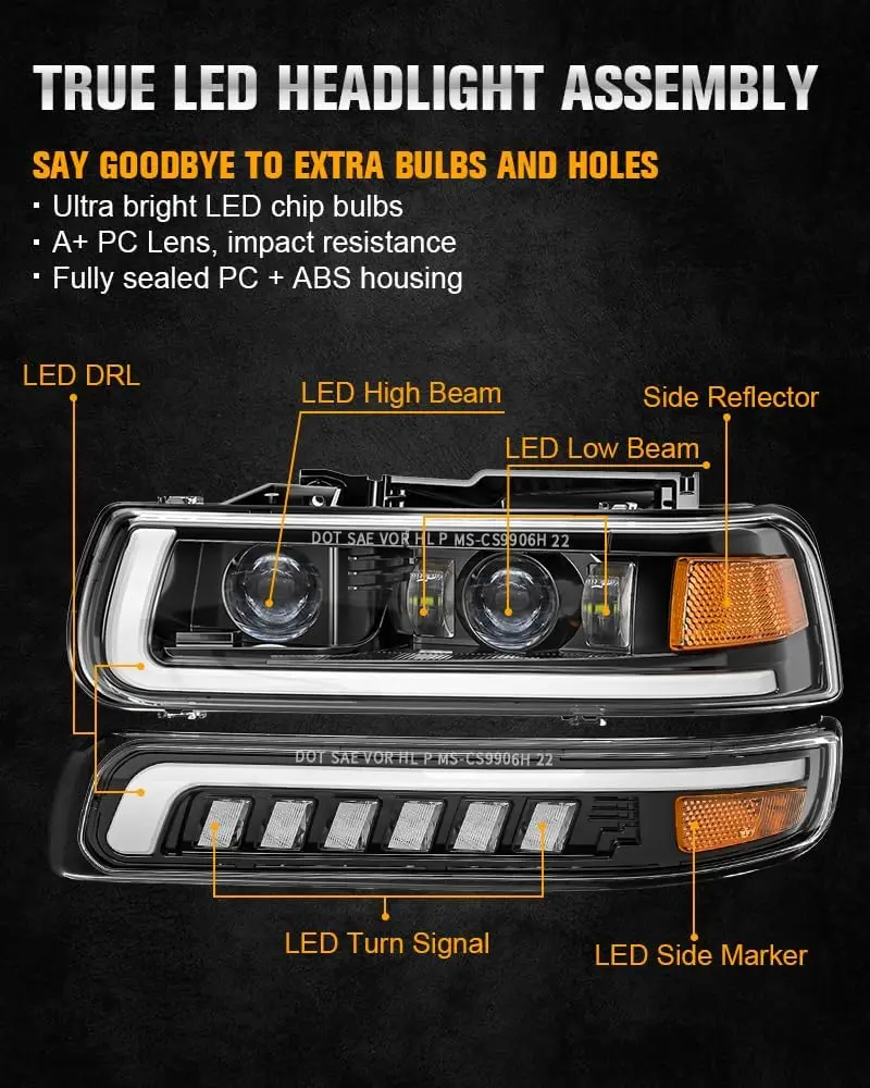 LED Headlights Assembly Headlamps Replacement Compatible with 1999-2002 Chevy Silverado 2000-2006 Chevy Suburban Tahoe DRL Turn