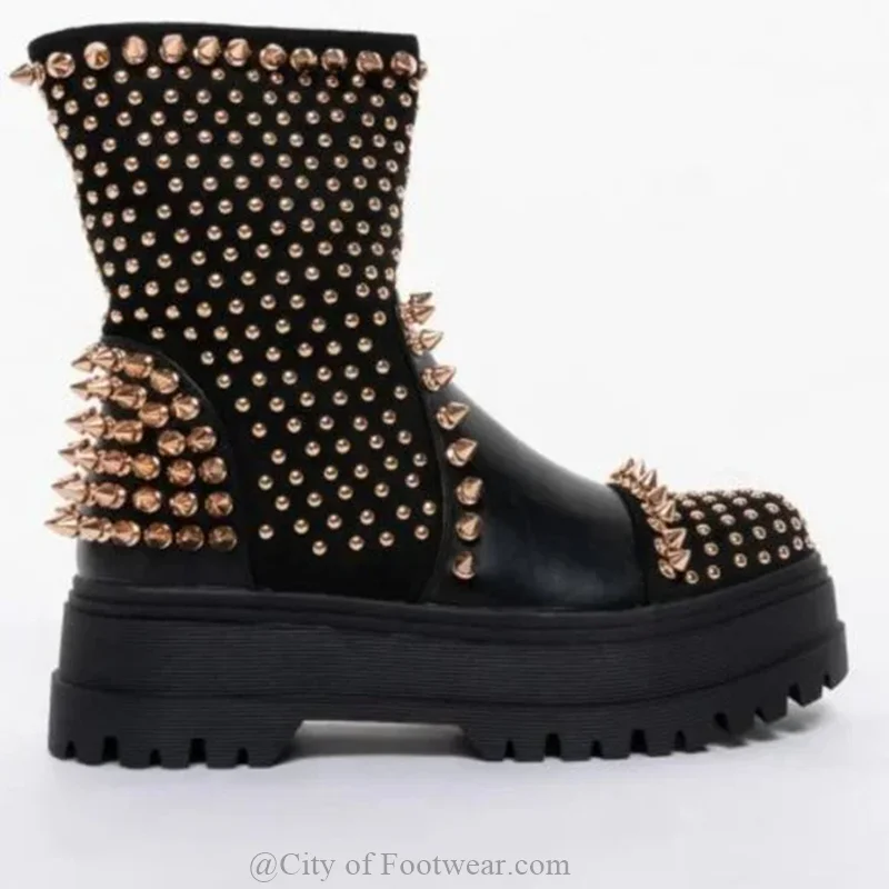 Black Studded Leather Ankle Boots Women Spike Round Toe Highten Shoes Comfy Gold Rivets Big Size Luxury Designer Shoes