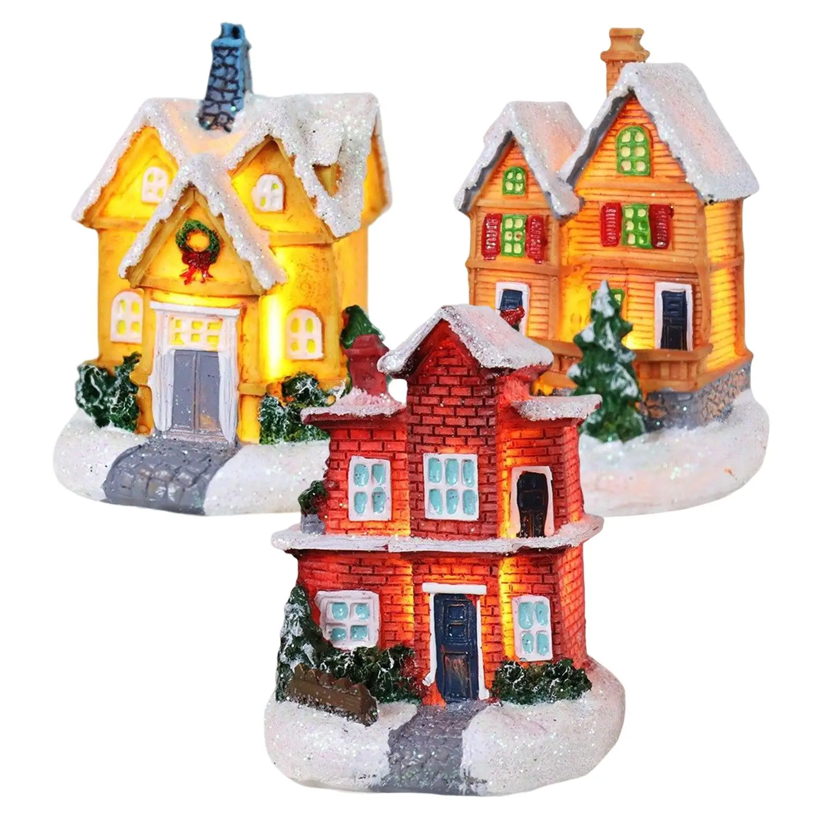 LED Lighted Houses Village Christmas Figurine Collection Winter Snow Miniature Statues Artwork for Bedroom Desk Xmas Decoration