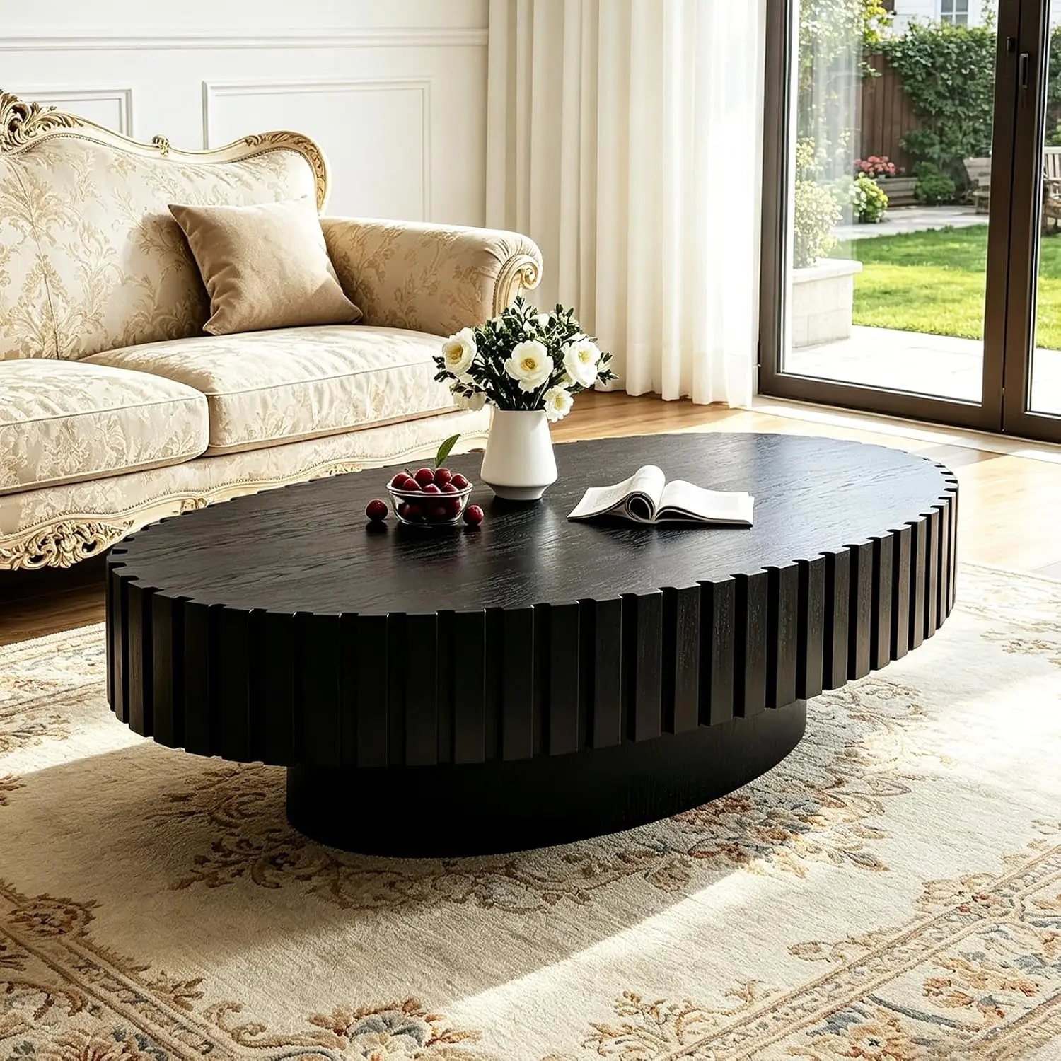 Oval Modern Coffee Table Fluted Drum Wood Center Table, Customized