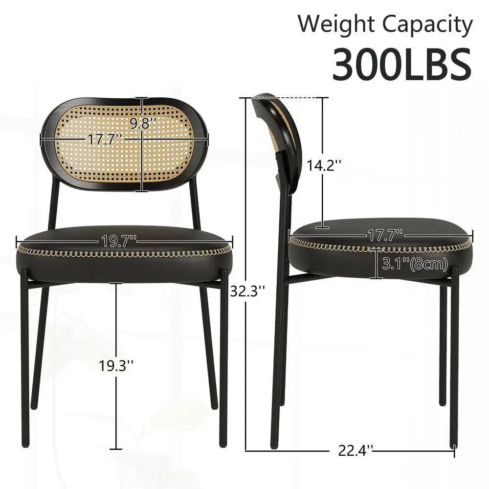 Dining Chairs Set of 6, Black Leather Upholstered Dining Chairs with Rattan Cane Back, Mid Century Modern Dining Room Chairs wi