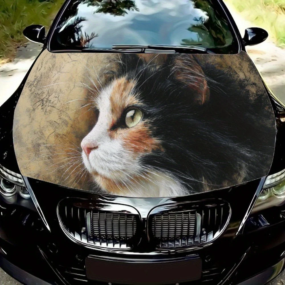 Cute Calico Cat Art  Adorable Feline with Soft Background Car Hood Sticker PVC Self Waterproof stick, Striking Auto Exterior Acc