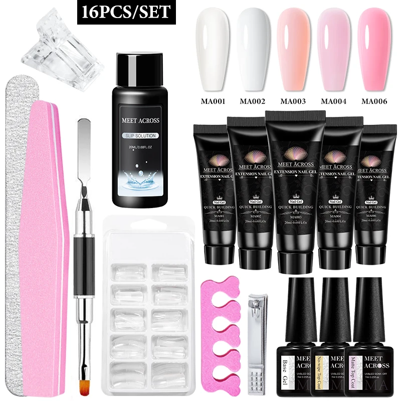 

16Pcs/set Extension Nails Gel Kit Pink Quick Building Complete Tools Crystal Clip Brush Form Set Manicure Prolong Nail Supplies