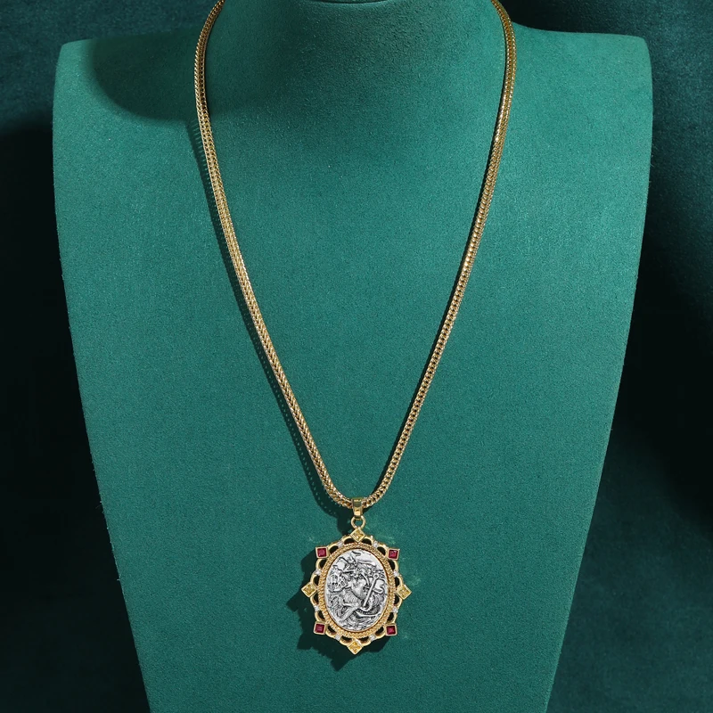 

Gold Plated Vintage Mermaid Antique Pendent Coin Necklace For Women Red Rhinestone 2026 New Anniversary Souvenirs Luxury Jewelry