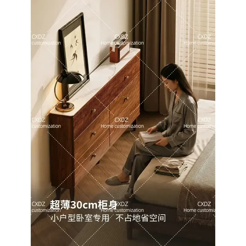 Solid wood eight-bucket cabinet, bedroom bedside cabinet, ultra-thin medieval style storage cabinet, multi-layer floor 30cm