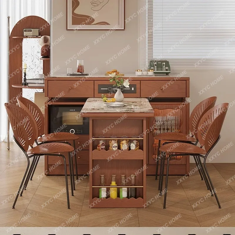 Solid Wood Island Dining Table Telescopic Integrated Antique Rock Slab Rotating Multi-functional Bar Table Antique Style