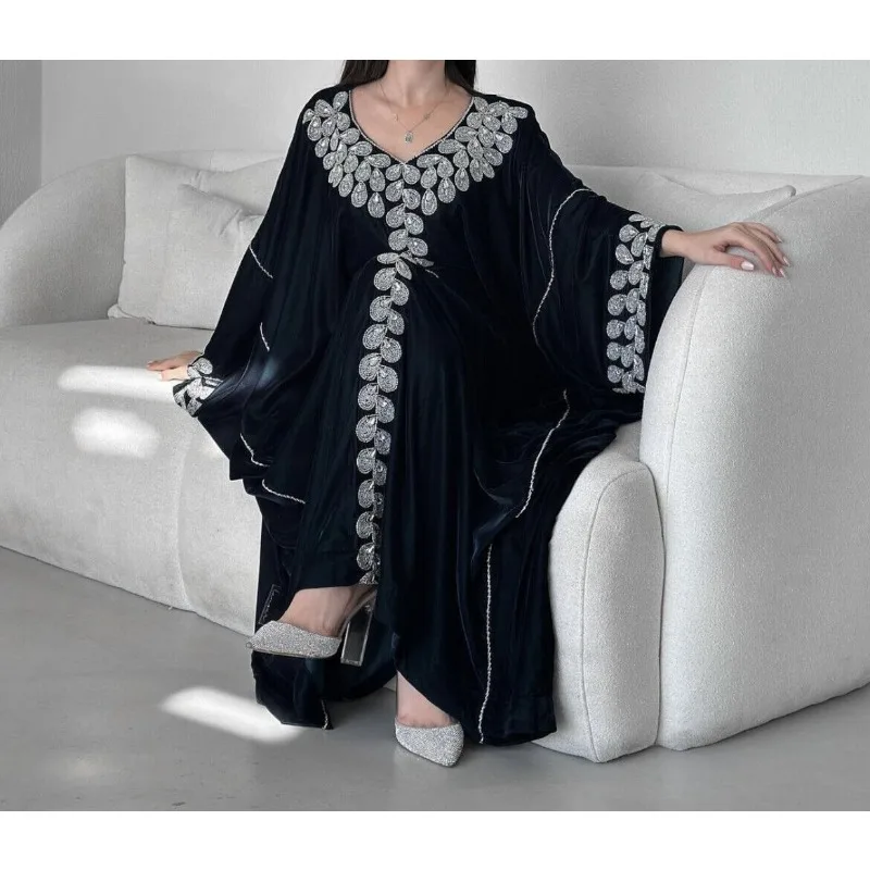 Black Velvet Moroccan Dubai Kaftans Farasha Abaya Dress Very Fancy Long Gown