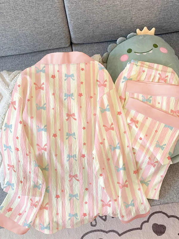 Girls Stripe Sleepwear Women's  Knot Star Long Sleeve Long Pants Korean Style Sweet Crepe Home Clothes Set - view 3