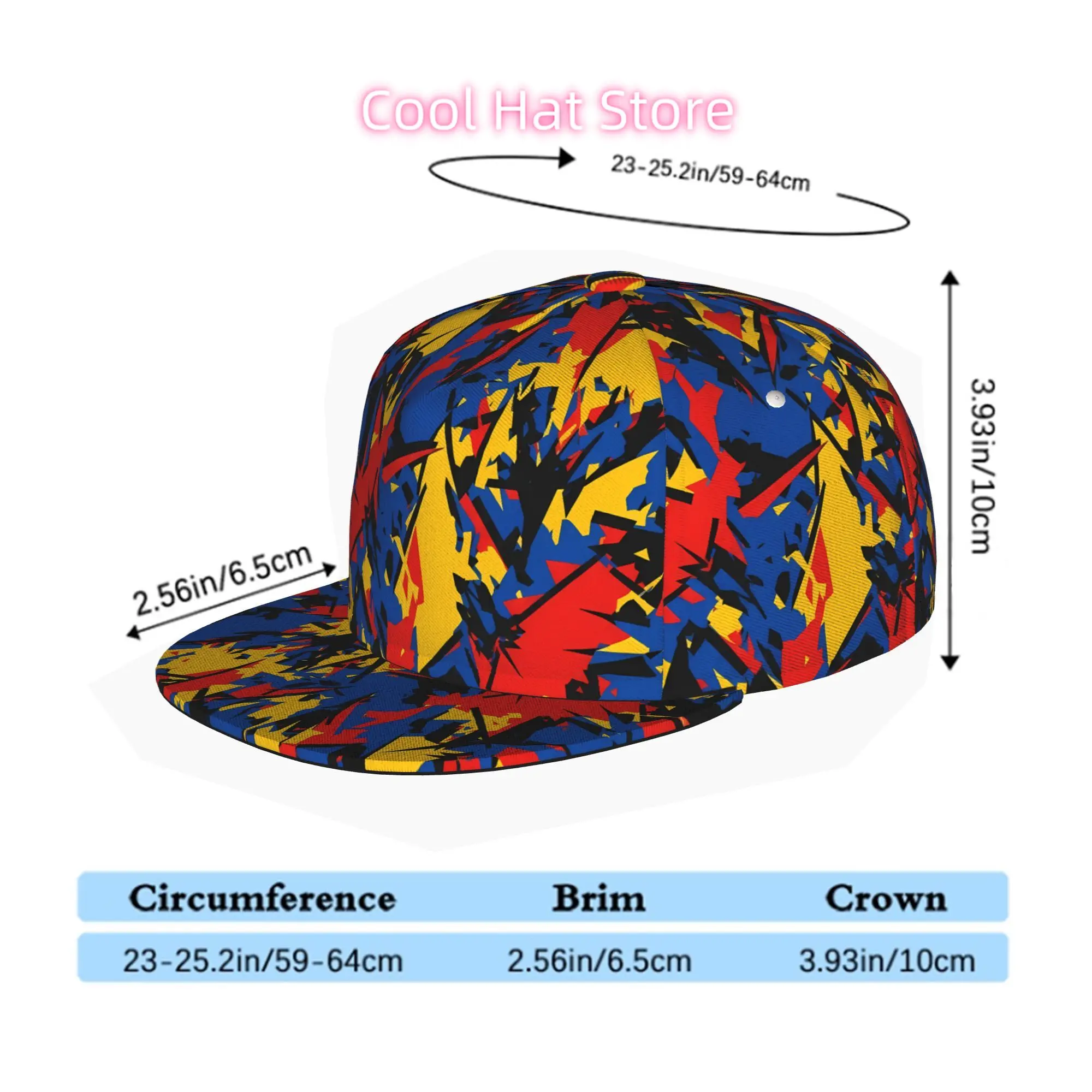 Geometric Design in Red, Yellow, Blue, And Black, Featuring a Cap Suitable for Men, Women, And Everyone. This Flat-Brimmed Baseb