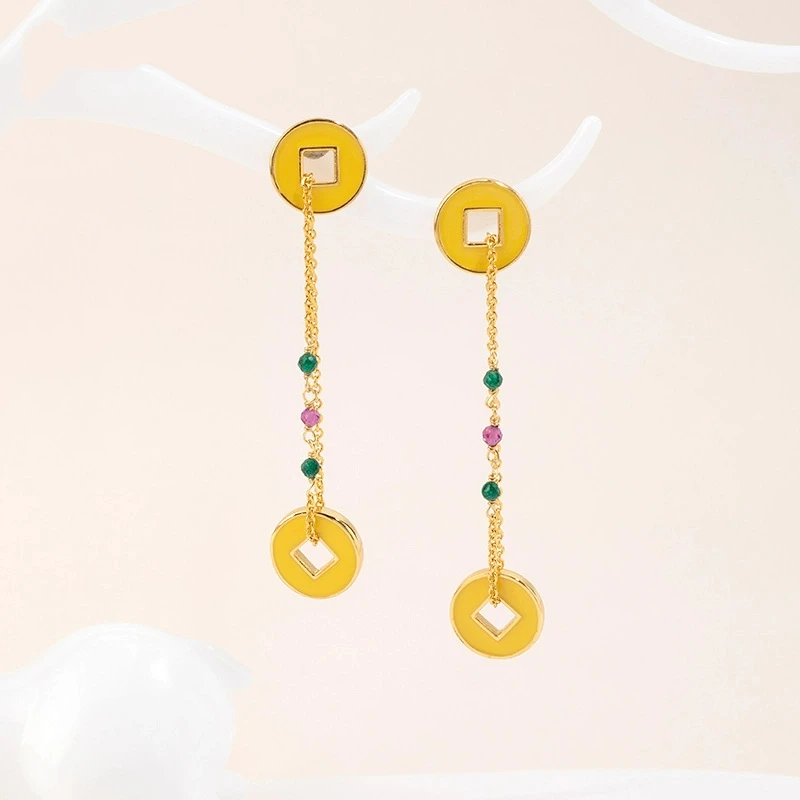 

National Trend Full Fortune Creative Copper Coins Lucky Jewelry Fortune Coin Long Dangle Earrings for Women