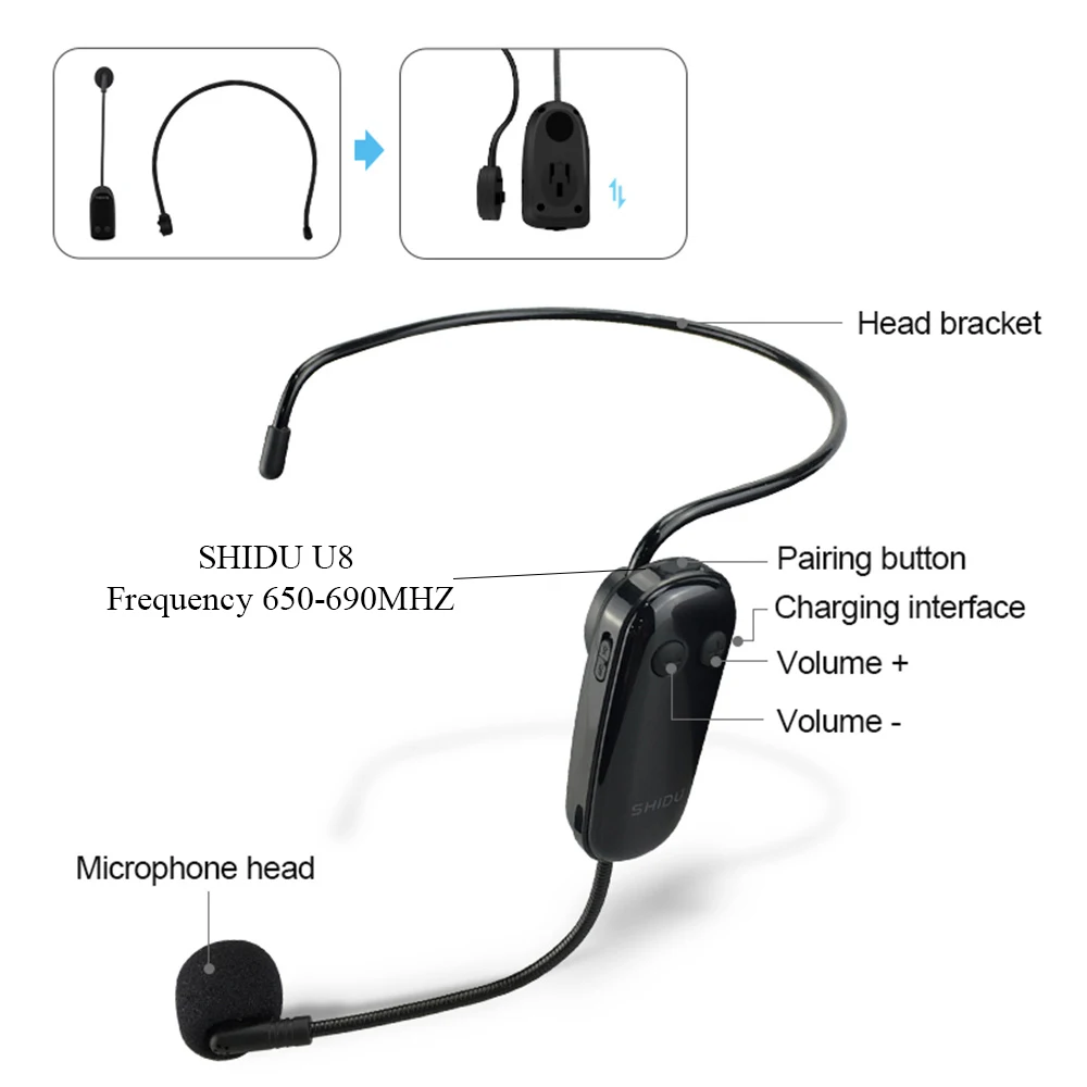 ميكروفون SHIDU U8 بتردد 650-690 ميجا هرتز لـ SHIDU S615 M800 S28 S611 M500 M1000 تردد 650-690 ميجا هرتز مضخم صوت لاسلكي
