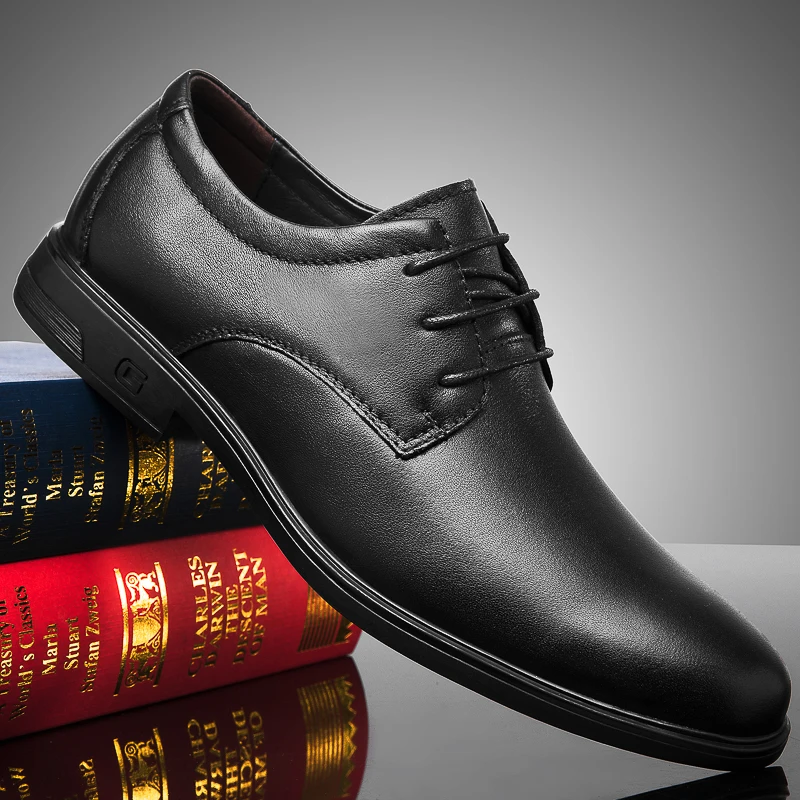 

High-end Brand Office Business Formal Leather Shoes for Men. Thick-soled, Simple Black Men's Genuine Leather Casual Shoes.