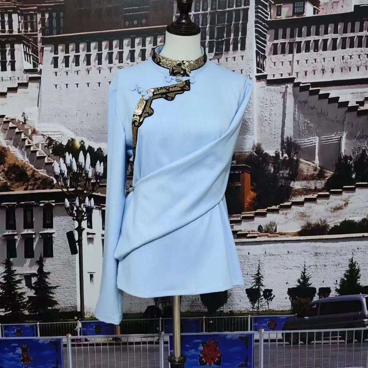 2024 티베트 신상 스탠드 칼라 긴팔 셔츠 남녀 동일 상의