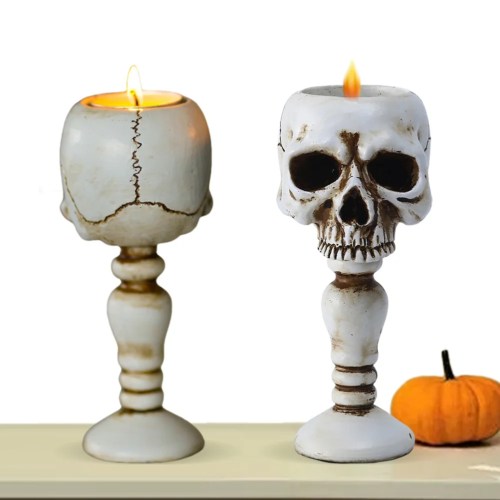 

Pillar Candlestick Holder Gothic Skull Tealight Holder Candlestick Table Decor Ornament for Halloween Home Decorations