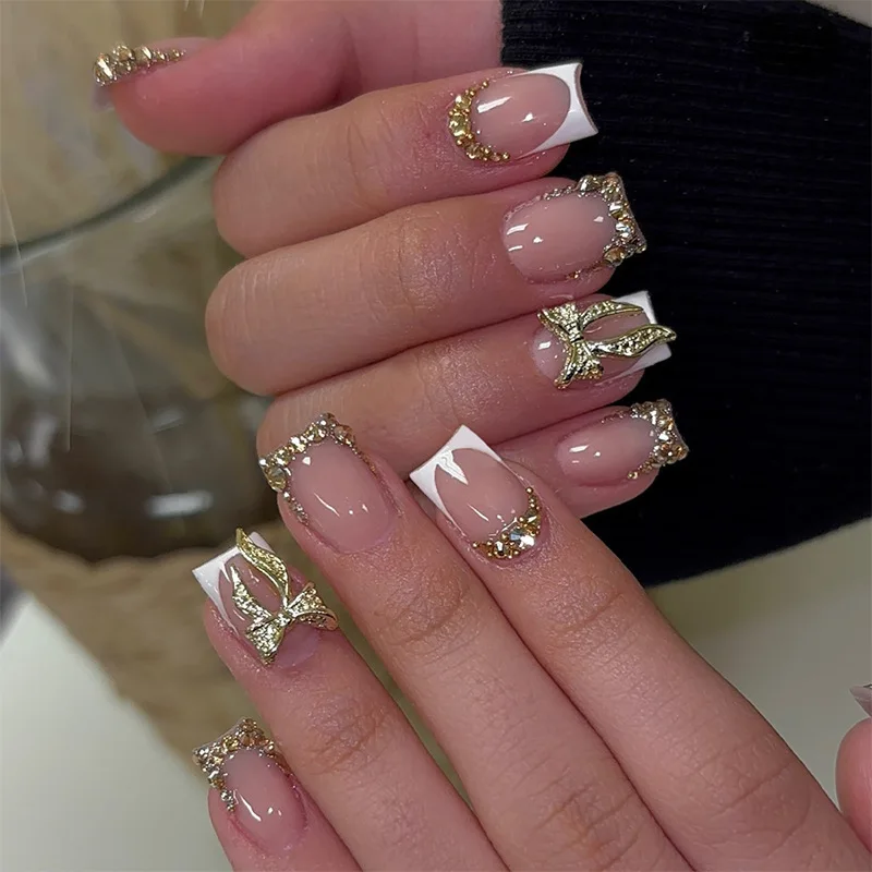 

24PCS Fake Nails Short Style with Rhinestones White French Tips & Gold Butterfly Design Press-on Nails Perfect for Gift To Girls