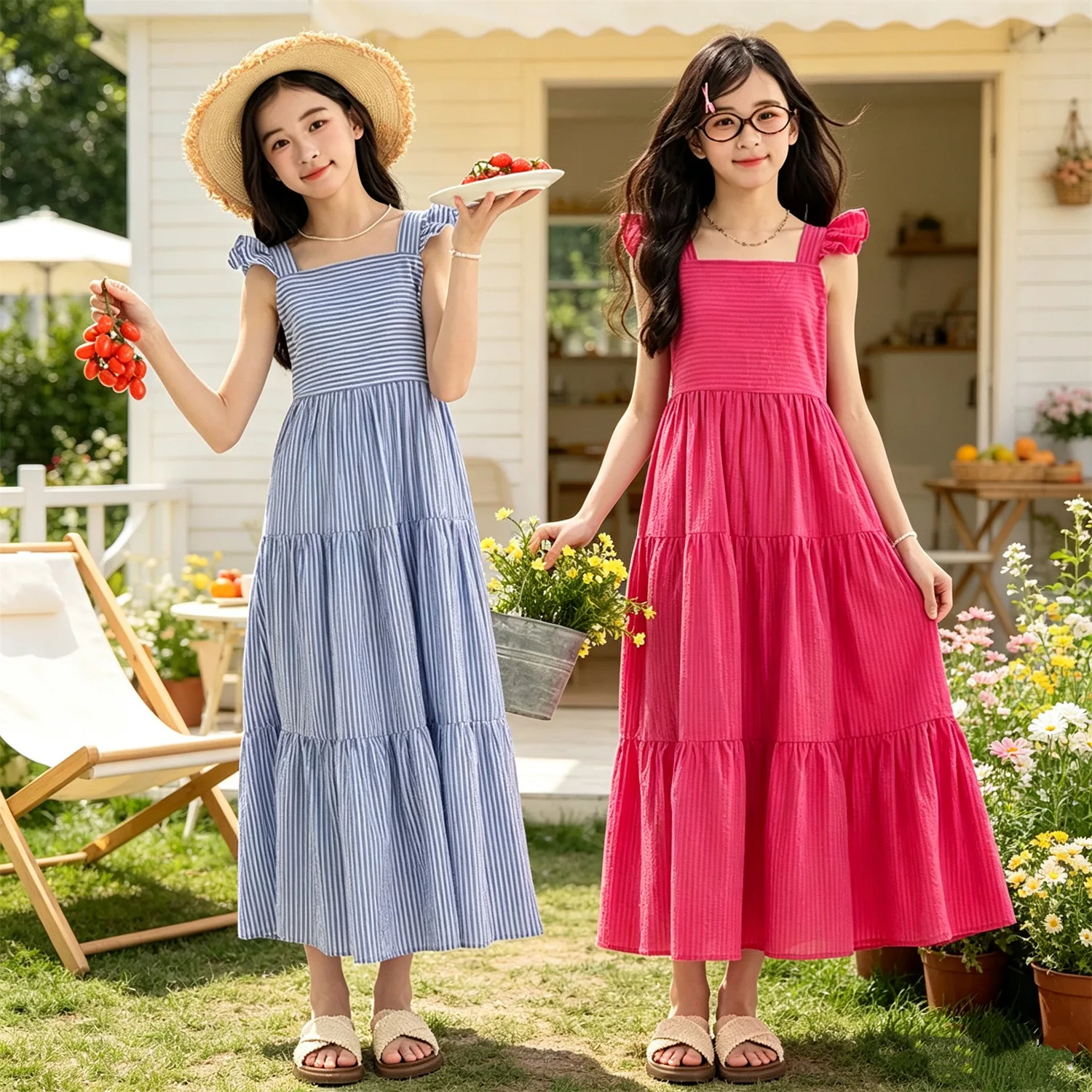 2026 Summer Girls party princess sleeveless striped slip pleated layered Dress Teens Clothes Toddler sundress 4 8 10 12 year