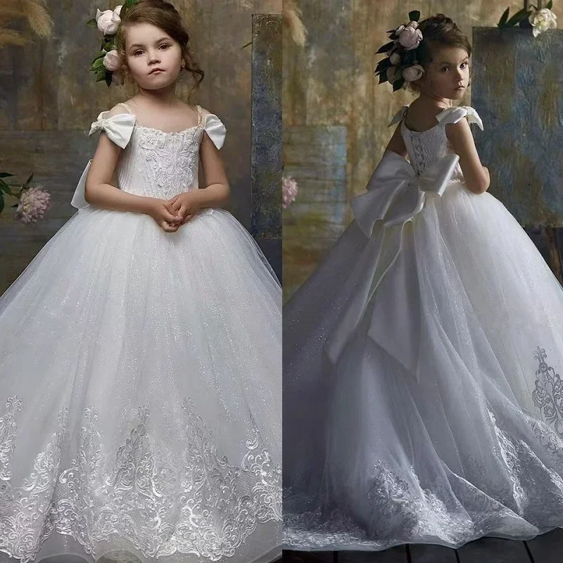 Vestidos de niña de las flores para bodas, línea A, cuello en V, sin mangas, hasta el suelo, vestido de princesa para boda, dama de honor, primera comunión