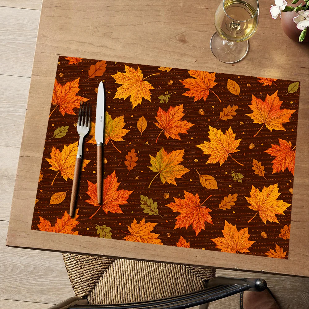 Autumn Leaves Pattern On Brown Background Pattern Placemats  Rectangular Polyester Suitable For Restaurant Deco
