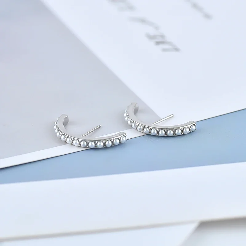 925 Sterling Silver Needle Big C-Shaped Artificial Pearl Stud Earrings for Woman 2024 Trend Elegant Jewelry Wedding Accessories