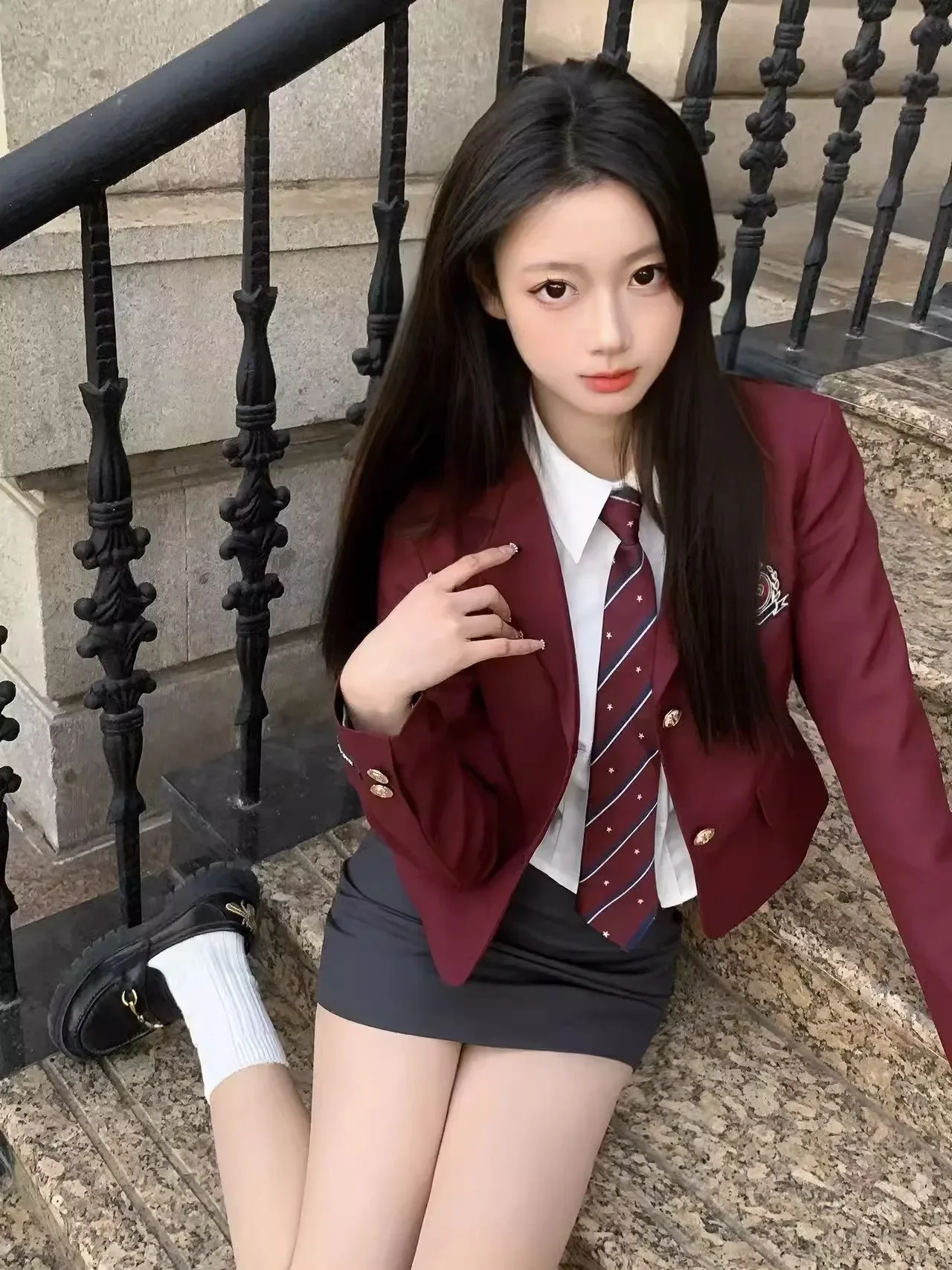 Preppy Stylejk Uniform Suit Wine Red Short Jacket High-End Feel Spicy Girl Long Sleeve Top Skirt Three-piece Set