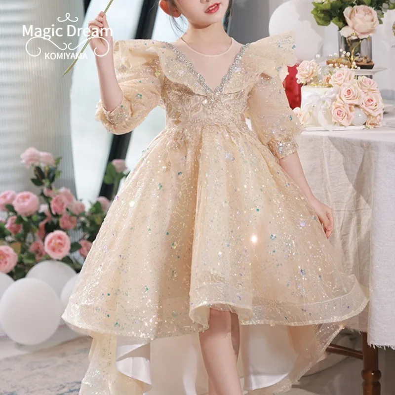 Customized Sequin V-shaped Lotus Leaf Collar Ball Gown Princess Dress Half Sleeve Front Short Back Long Flower Girls Dress Birth