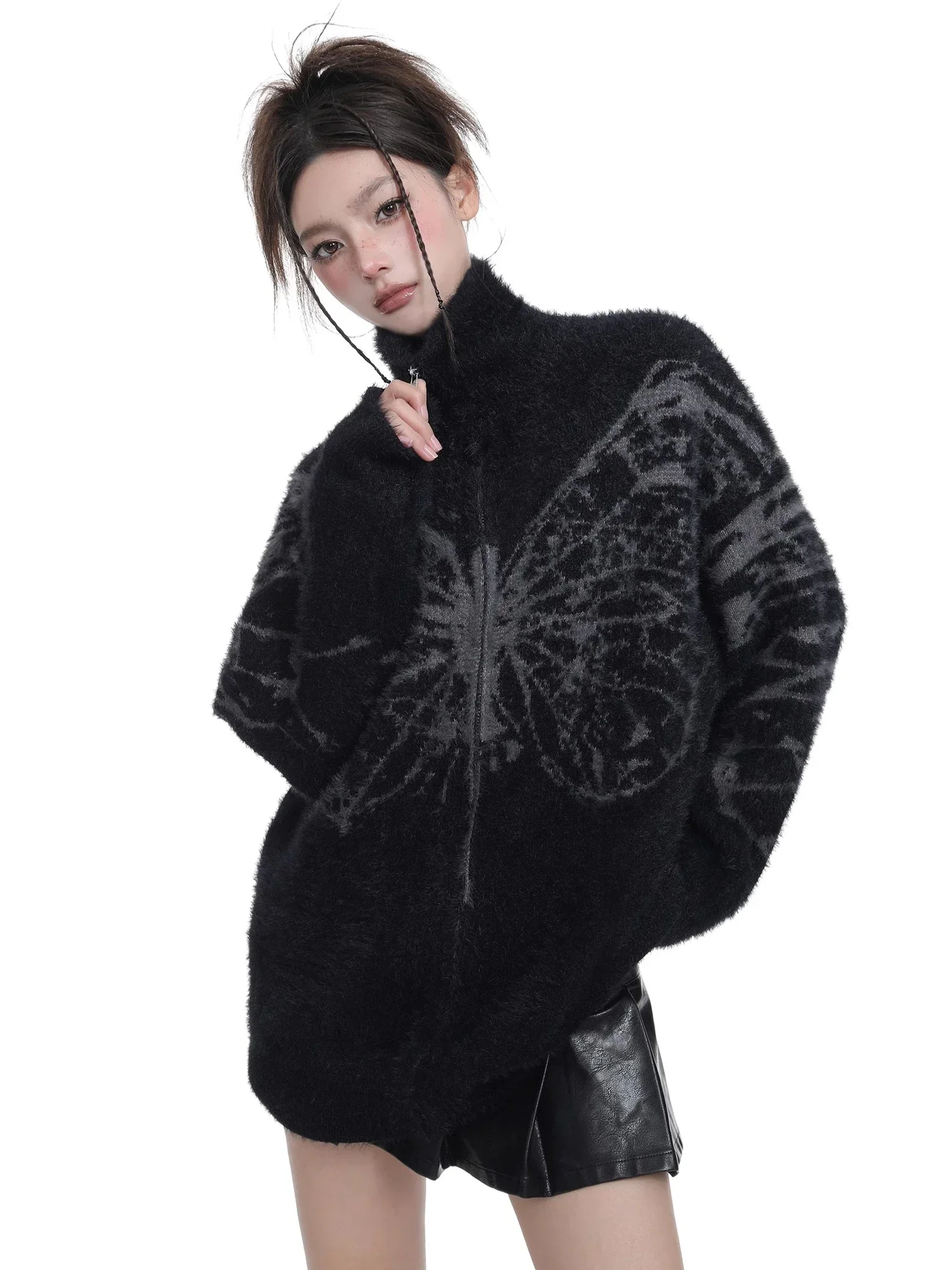 Deeptown Fluffy Oversized Butterfly Zip Up Cardigan Women Grunge Y2k Streetwear Knit Sweater Black Gray Vintage Long Sleeve Tops