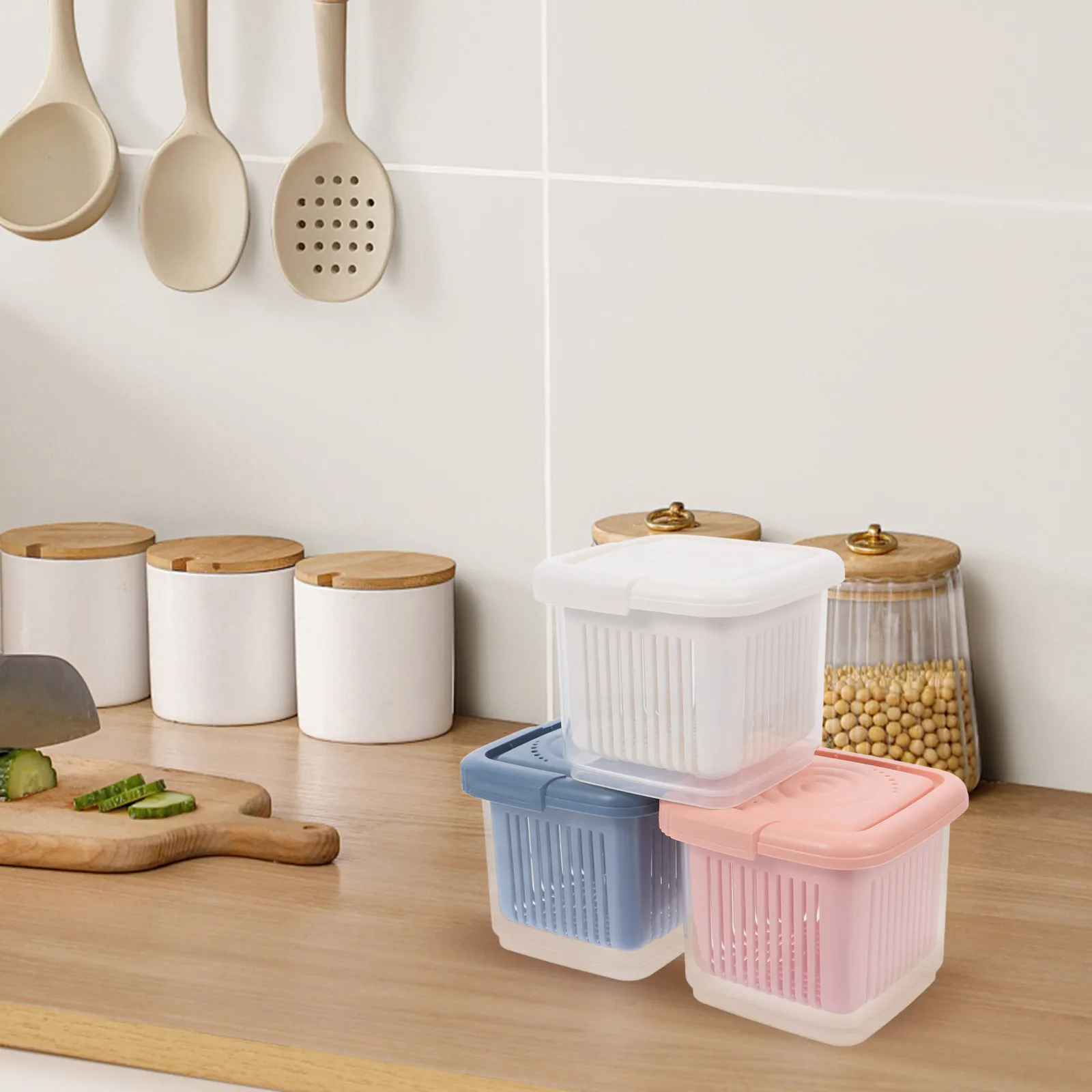 

3pcs Fresh-Keeping Food Containers Double Layer Airtight Storage Boxes For Kitchen Fridge Organization Vegetable Preservation