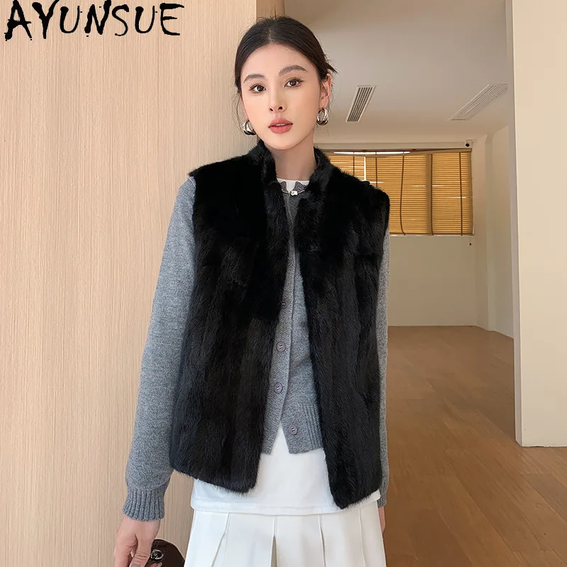 AYUNSUE سترة فرو المنك الحقيقي لملابس حريمي 2025 سترات فاخرة من الفرو الحقيقي امرأة الخريف الشتاء جاكيت بلا إكمام شوبانا Жеenca