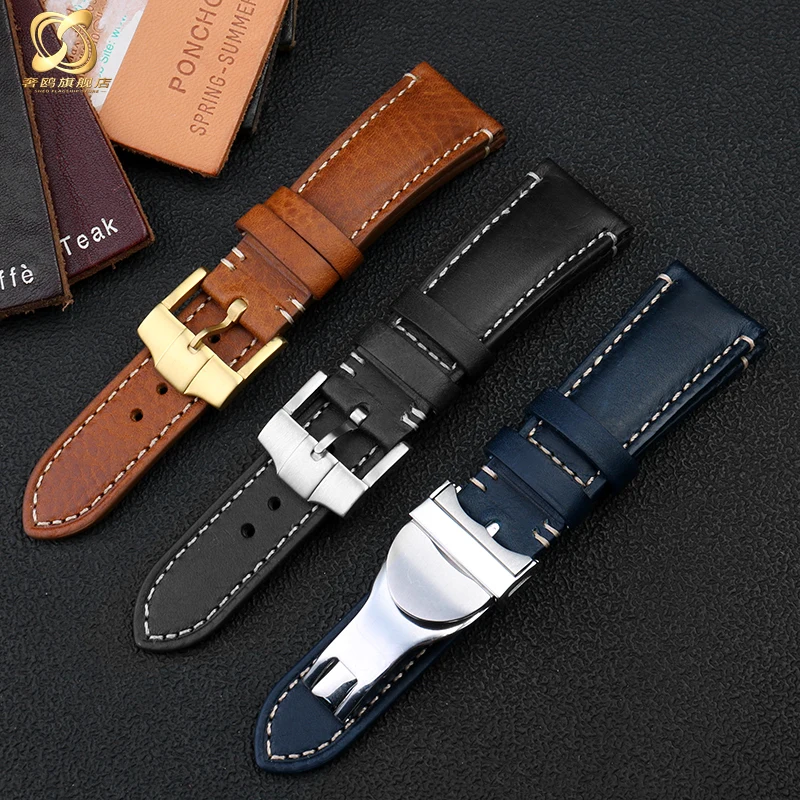 Tali Kulit Sapi Italia Premium untuk Jam Tangan Kulit Antik Bunga Merah Kecil Teluk Hitam Perunggu Tudor Tali Jam Tangan 22Mm Gaya Gesper Lipat