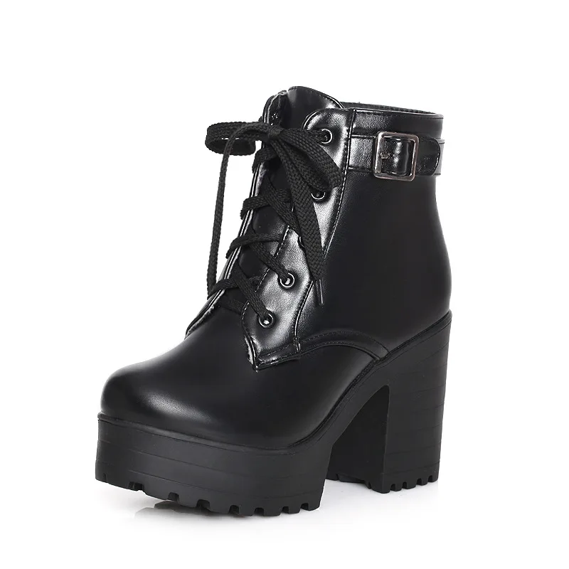 

Fashion Sexy Women Boots Spring Autumn Black Women Boots Square High Heels Platform Buckle Lace Up Short Boots Winter Shoes