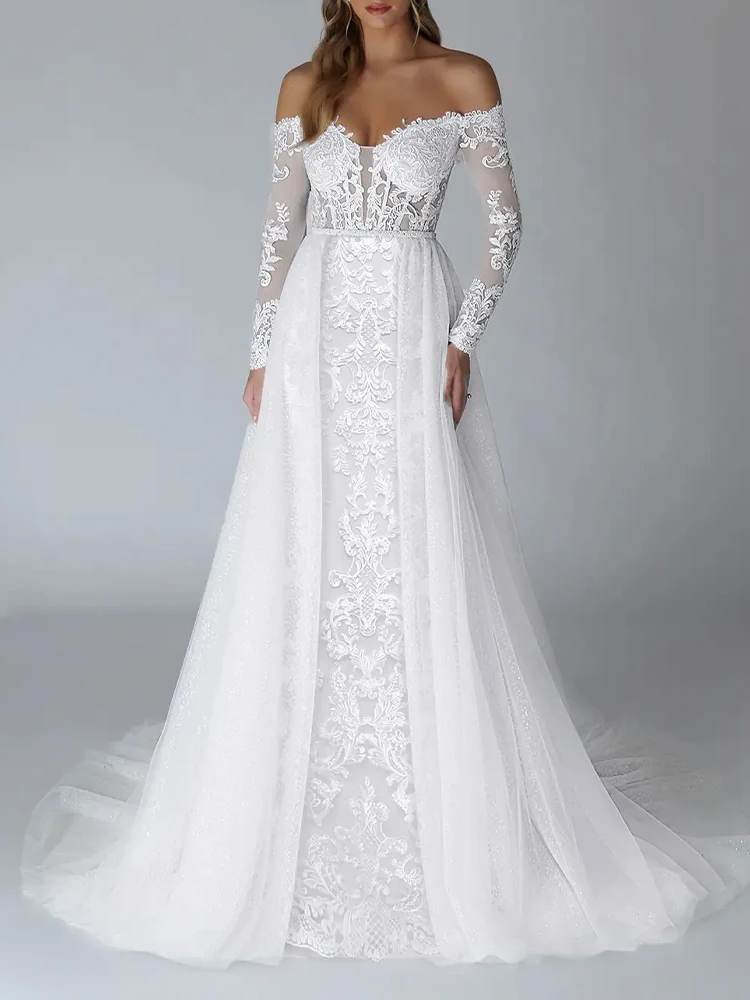 Bride wedding new A-line off-shoulder long-sleeved romantic wedding dress tulle lace dress banquet elegant formal evening dress