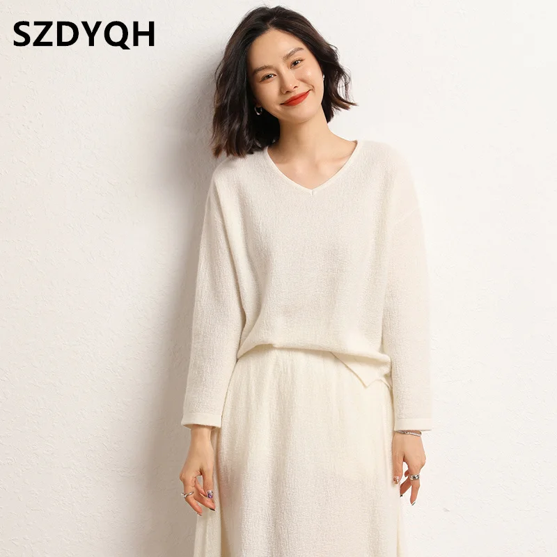 2023 Autumn Winter New 100% Cashmere Sweater Women\'s V-Neck Fashion Warm Sweaters Female Loose Large Size Knitted Pullover