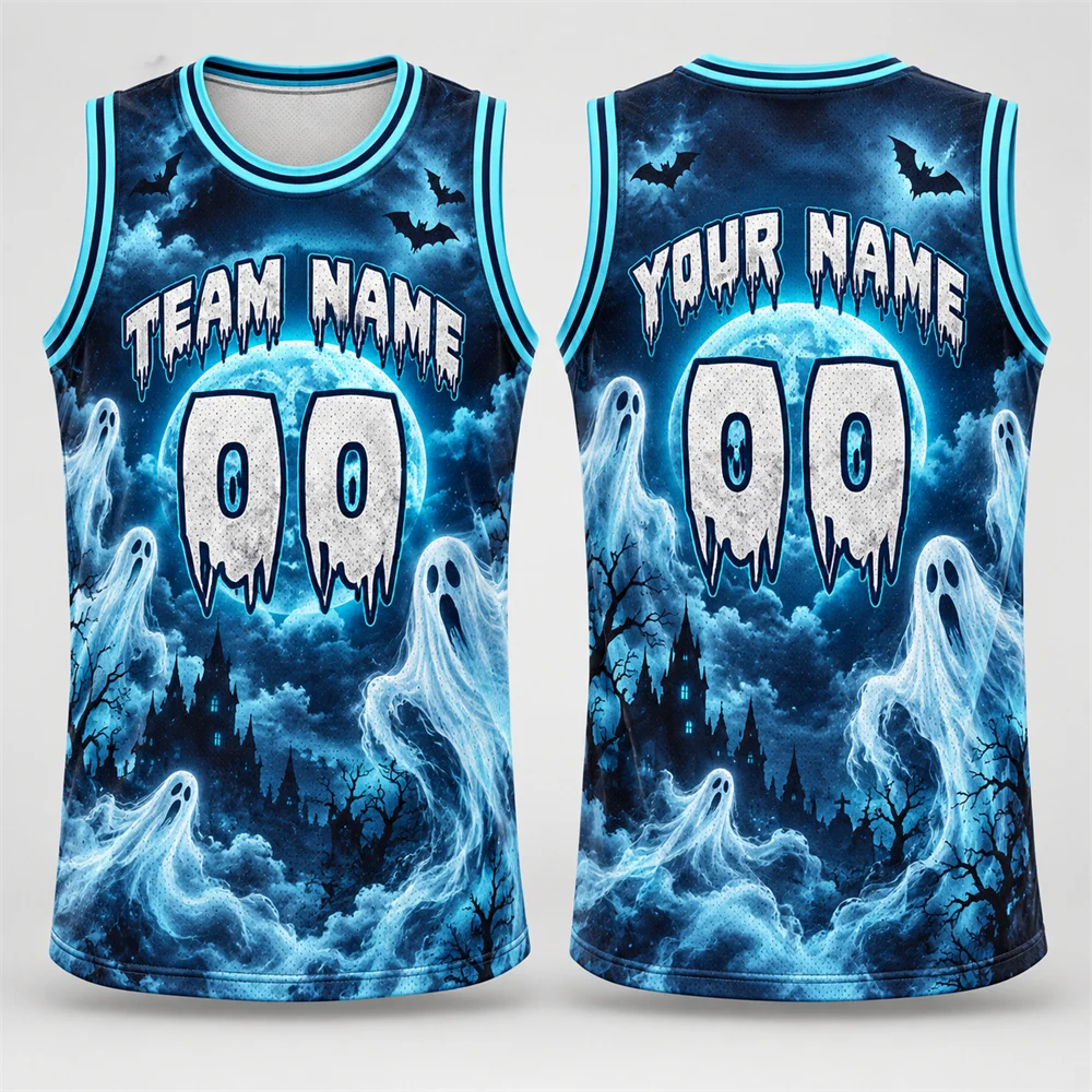 Mens Custom Halloween Basketball Tank Top Team Name Number Ghost Mummy and Skeleton Horror 3D Print Breathable Basketball Vest