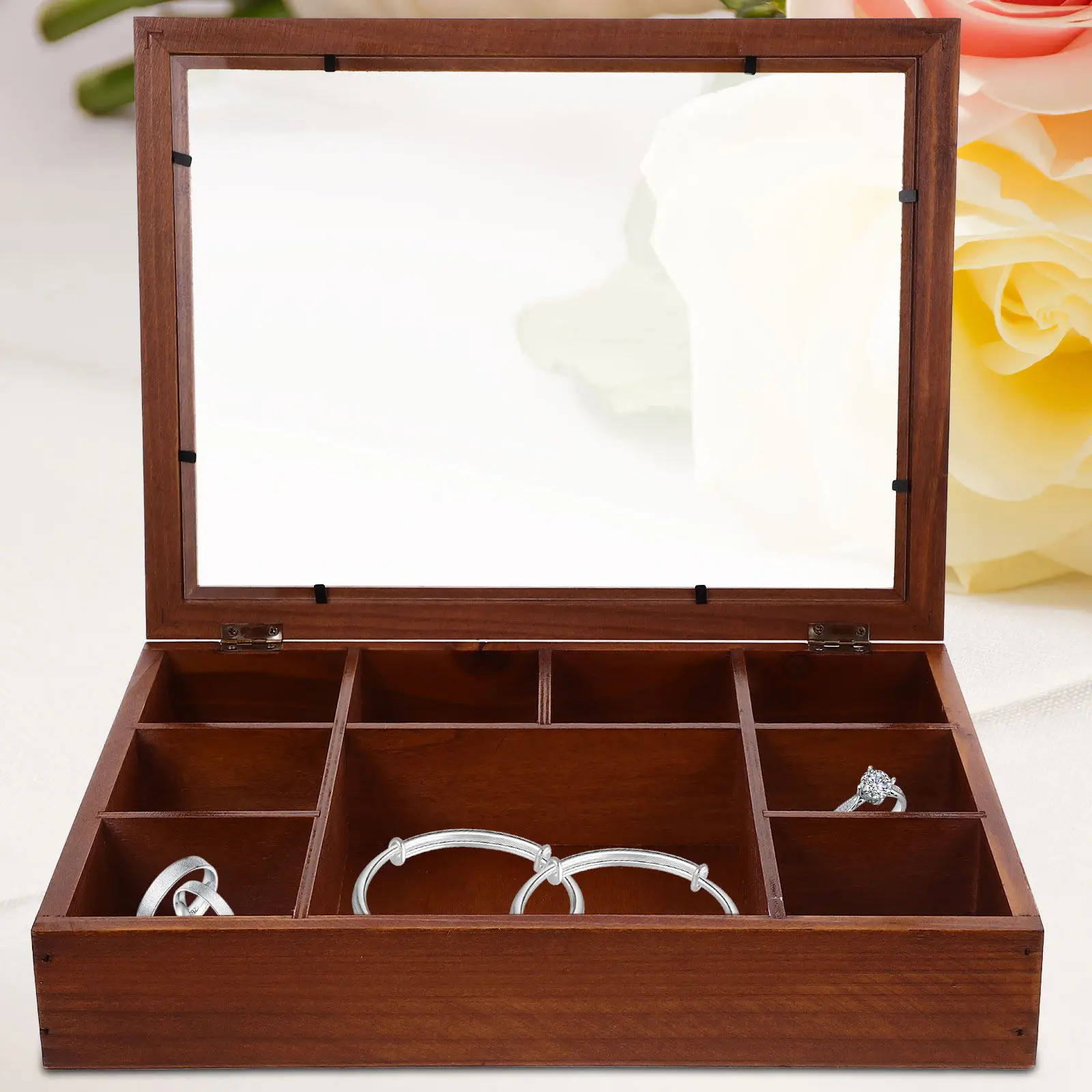 

Vintage Wood Jewelry Box with Transparent Lid Dust-Resistant Storage Case for Rings Necklaces Earrings Crystals Rocks Keepsakes