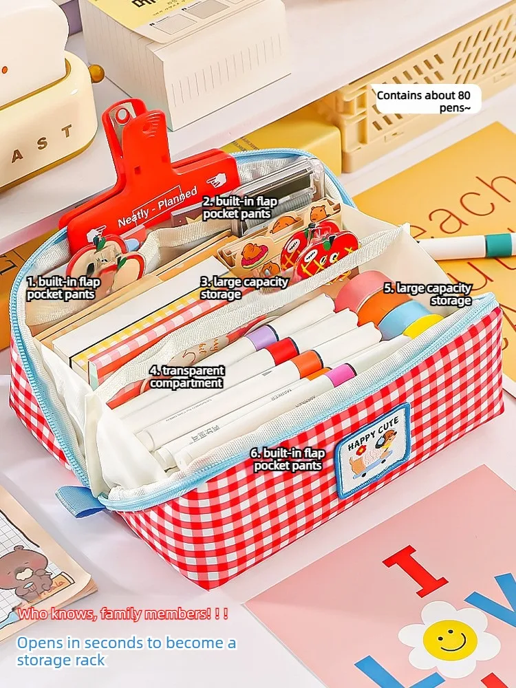 Niedliches kariertes Cartoon-Etui mit Apfelmotiv, großes Fassungsvermögen, Schreibwarentasche, ästhetisches Stiftetui für Schüler, Schule, Bürobedarf – Detail 4