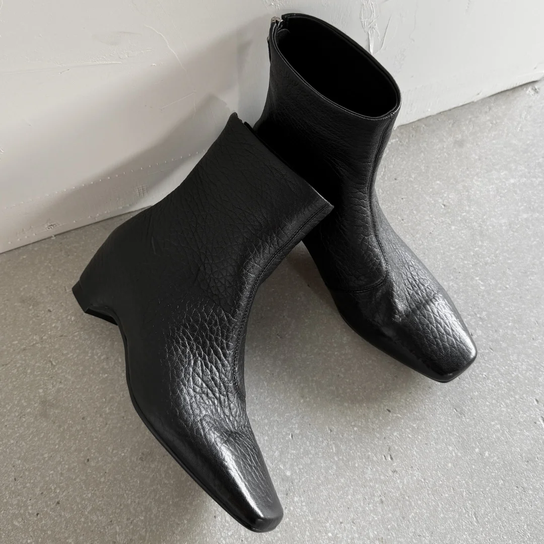 

Women's sheepskin square toe back zip autumn ankle boots elegant ladies black slim 5.5cm wedge med heel dress short booties sale
