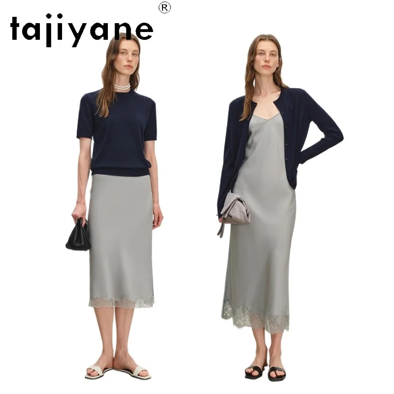 

TAJIYANE 25MM 91% Real Mulberry Silk Slip Dress/Skirt Women Elegant Lace Hem Skirts Spring Long Dresses 2026 Woman Clothes فستان