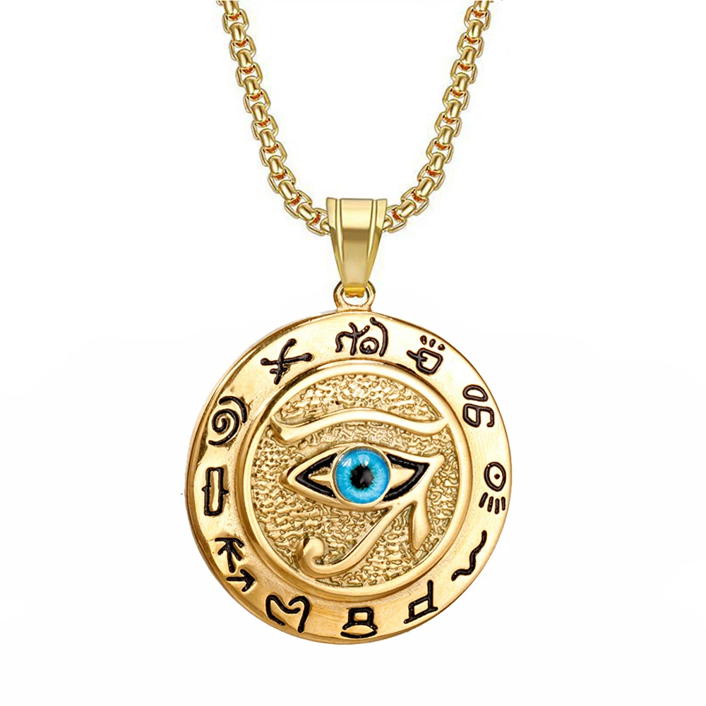 Egyptian Eye of Horus Pendant Gold Silver Color Stainless Steel Round Necklace For Women/Men Ancient Egypt Jewelry Gift