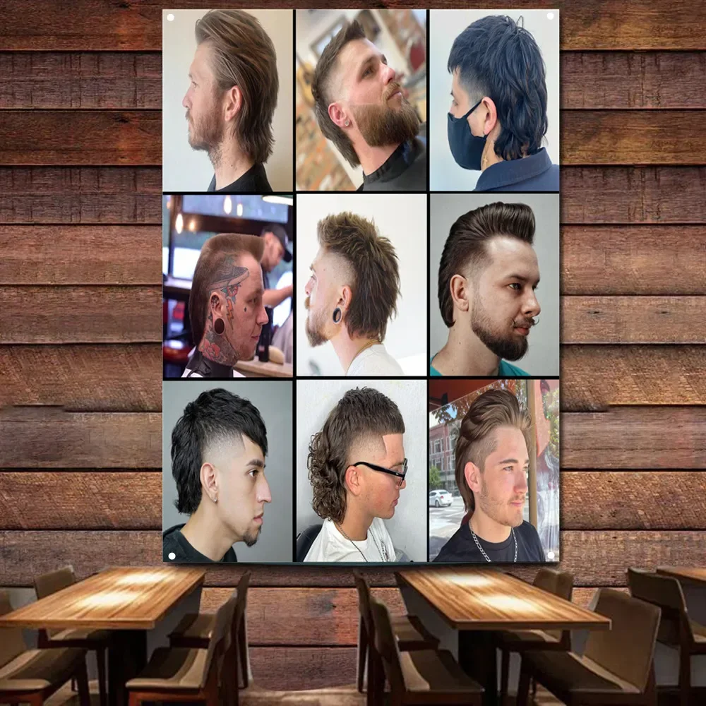 Top Men's Hairstyle Wall Charts Haircut & Shave Service Wall Art Poster Vintage Barber Shop Home Decor Banner Wall Hanging Flag