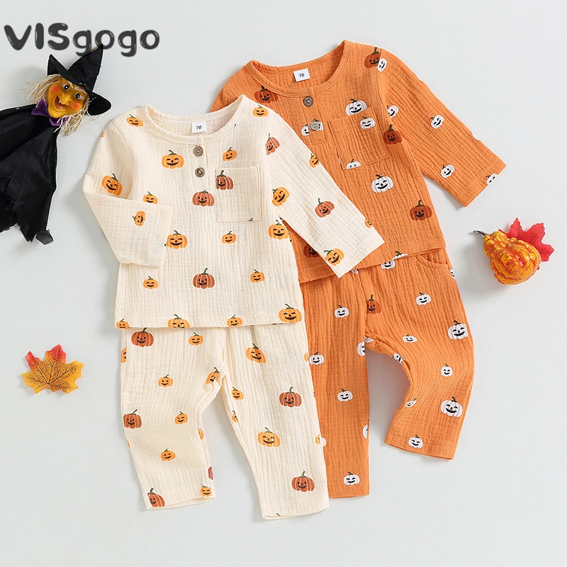 

VISgogo Toddler Girls Boys Halloween Clothes 2PCS Cotton Linen Sets Long Sleeve Pumpkin Print Button Tops Drawstring Pants Sets