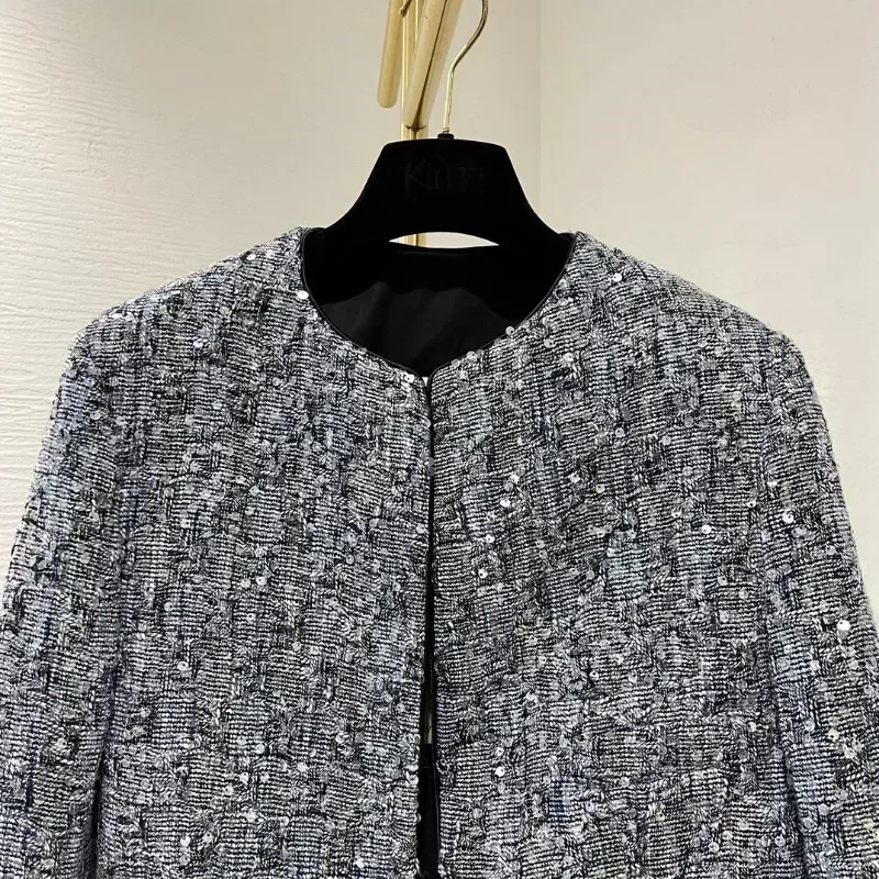 Women Fashion Grey Blue Sequined Top Quality Tweed Long Sleeve Office Lady Short Jacket 2024 Fall Winter New